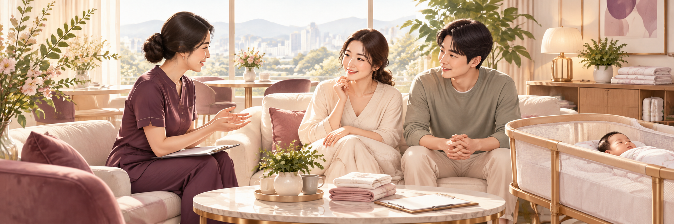 산모와 가족이 조리원 생활을 상담하는 안내 일러스트